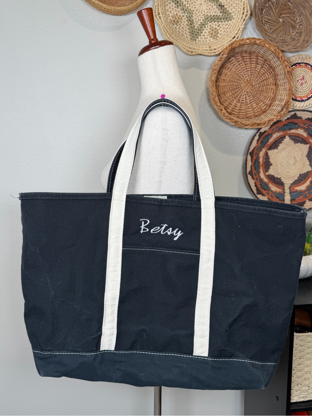 Vintage Rare Ll Bean Boat And Tote Bag Large Black White Monogrammed “Betsy” Usa